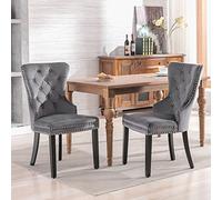 DUlVBPE Set di 2 sedie da pranzo in velluto con gambe in rovere, bottone, battente cromato e decorazione della testa delle unghie, per camera da letto, soggiorno, sedia per il tempo libero (grigio, 2