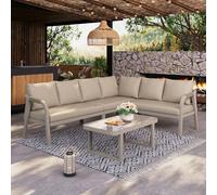 DUlVBPE Set di mobili da giardino angolari, può ospitare fino a 6 persone, braccioli e schienali intrecciati, tubi in acciaio zincato, con divano ad angolo e tavolino, colore: beige