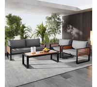 DUlVBPE Set di mobili da giardino con telaio in ferro zincato (set largo, set da 4 pezzi, divano a 2 posti, 2 sedie singole, 1 tavolo), braccioli decorativi grigi in legno