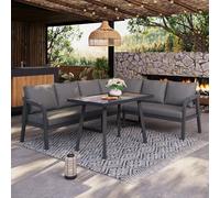 DUlVBPE Set di mobili da giardino, per ospitare fino a 6 persone, braccioli e schienali intrecciati, tubi in acciaio zincato, con divano ad angolo e tavolo da pranzo, colore: grigio