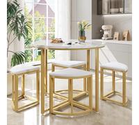 DUlVBPE Set tavolo da pranzo con quattro sedie, tavolo da pranzo con piano in MDF e telaio in ferro dorato, sedia in velluto, moderni tavoli e sedie di lusso, bianco