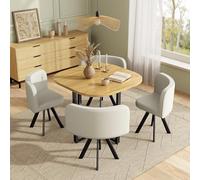 DUlVBPE Set tavolo da pranzo e sedie per 4 persone, composto da un tavolo da pranzo (85 x 85 cm) e quattro sedie rivestite in lino, adatto per cucina e sala da pranzo (piano in rovere + sedie beige)