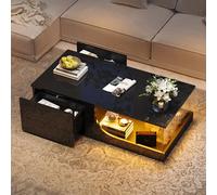 DUlVBPE Tavolino da salotto, 100 x 50 x 30 cm, con 2 cassetti, lucido, per soggiorno, in MDF, tavolo da caffè con LED, tavolo in vetro temperato, tavolo di design nero