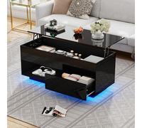 DUlVBPE Tavolino da tè a LED, lucido, 100 x 50 x 55 cm, con illuminazione a LED, sollevamento idraulico e spazio su più livelli, nero