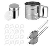 Dulynva Set di 5 Setaccio Farina in Acciaio Inox Spargi Zucchero a Velo a Una Mano Colino Cucina con Coperchio Setaccio per Farina con 16 Coffee Stencils per Cacao, Spezie, Cioccolato, Zucchero