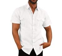 DUMB Camicia da uomo a maniche corte in cotone e lino con doppia tasca casual per le vacanze, 1, XL
