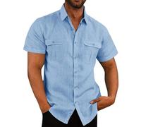DUMB Camicia da uomo a maniche corte in cotone e lino con doppia tasca casual per le vacanze, 3, XXL