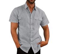 DUMB Camicia da uomo Camicia da uomo a maniche corte in cotone e lino a doppia tasca Camicia casual da vacanza, 4, XL