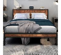 DUMEE Struttura per letto queen size nera con testiera e pediera in legno, struttura letto in metallo resistente, con contenitore, senza bisogno di molle, materasso a doghe in acciaio, senza rumore