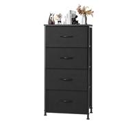 DUMOS Comò per camera da letto, 4 cassetti, cassettiera alta in tessuto, organizer a torre con piano in legno, struttura in metallo, per asilo nido, soggiorno, armadio, nero