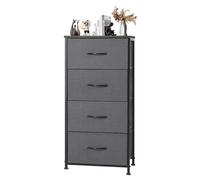 DUMOS Comò per camera da letto, 4 cassetti, cassettiera alta in tessuto, organizer a torre con piano in legno, struttura in metallo, per asilo nido, soggiorno, armadio, grigio