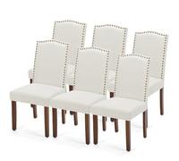 DUMOS Set di 6 sedie da pranzo imbottite in tessuto, moderne sedie da pranzo con bordo a chiodo e gambe in legno, accento metà secolo, per soggiorno, cucina, beige