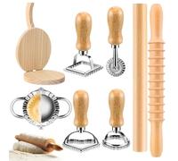 Dumpling Maker Set - Wood Pasta Making Kit | Board, Rolling Pin, Ravioli Stamp & Dough Cutter, Authentic Wooden Spaghetti Maker for Homemade Pasta Dumplings & Wontons 8-Pcs