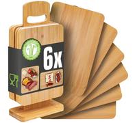 DuneDesign Tagliere per la colazione con supporto, set da 6 pezzi, 22 x 15 cm, con supporto, tagliere in legno, tagliere in bambù, tagliere in legno con supporto