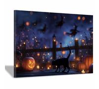 DunPei Decorazione Moderna Tela Halloween Gatto e zucca Arte per creare un'atmosfera coinvolgente in salotto, sala da pranzo o per una festa(blu132)-50x70cm Incorniciato