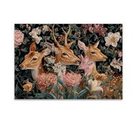 DunPei Poster con animali Fleurs et cerfs Decorazione Murale Camera da Letto Cucina Quadri Moderni Soggiorno Grafica Immagini Wall Art(rosa)-70x100cm Non incorniciato
