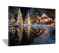 DunPei stampe artistiche da parete natalizie, Albero di Natale nel lago poster artistici su tela, minimalismo, dipinti artistici da parete per casa, ufficio(dorato64)-60x90cm Incorniciato