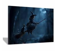 DunPei Tela Halloween per Pareti La strega e il gatto Stampa con atmosfera misteriosa, perfetta per decorare il soggiorno, l'ingresso o l'ufficio a ottobre(Grigio96)-30x45cm Incorniciato