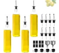 DUNSOO Bottiglia per olio, 4 flaconi da 500 ml, con dispenser per aceto e olio, con imbuto, coperchio anti-appannamento, etichette, bottiglia in vetro per cucina e barbecue