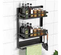 DUNSOO Porta Spezie per Cucina, Scaffale Portaspezie per Frigorifero con Porta Rotolo da Cucina e 4 Gancio, Mensola Cucina Salvaspazio per Corridoio, Bagno o Cucina, Forte e Bello, Pratico(nero)