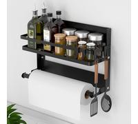DUNSOO Porta Spezie per Cucina, Scaffale Portaspezie per Frigorifero con Porta Rotolo da Cucina e 4 Gancio, Mensola Cucina Salvaspazio per Corridoio, Bagno o Cucina, Forte e Bello, Pratico(nero)