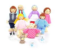 DUOCIYUAN Set di Bambole in Legno per Famiglie 11 Pezzi Famiglia di Bambole di Legno con Gatto e Cane Figure per Casa Delle Bambole Happy Family Dolls per Giochi di Ruolo Accessori Regalo