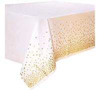 Duocute 4 Pezzi Tovaglia per Feste Bianca e Oro Usa e Getta per Tavolo Rettangolare, Copritavolo con Coriandoli a Pois Dorati per Battesimo Nuziale, Fidanzamento, Matrimonio, 137 cm x 274 cm