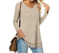 DUOEASE Magliette Donna Manica Lunga Leggero Pullover Elegante Orlo in Pizzo Casual Top
