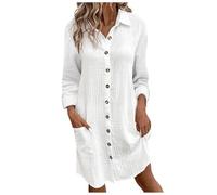 Duohropke Abito da donna in mussola, pieghevole, in lino, con tasche, per il tempo libero, con bottoni, lunghezza al ginocchio, abito da spiaggia, tinta unita, boho, bianco, XXL