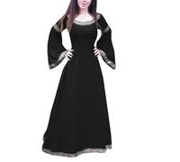Duohropke Abito medievale da donna a vita bound di grandi dimensioni, abito estivo per il Rinascimento, maxi abito lungo con maniche a tromba, stile retrò, per feste, Nero , S