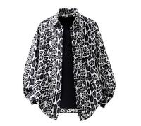 Duohropke Camicia a maniche lunghe da uomo con motivo leopardato, a maniche lunghe, con stampa animale, vintage, con bottoni, oversize, per il tempo libero, grigio., L