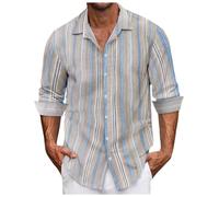 Duohropke Camicia da uomo a maniche lunghe, a righe, in lino, per il tempo libero, con bottoni, camicia hawaiana, bianco, XL
