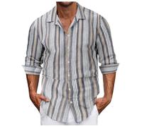 Duohropke Camicia da uomo a maniche lunghe, a righe, in lino, per il tempo libero, con bottoni, camicia hawaiana, grigio., XL