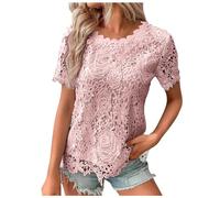 Duohropke Camicia estiva da donna, in pizzo, elasticizzata, con scollo rotondo, elegante, a maniche corte, casual, alla moda, a fantasia, tinta unita, Colore: rosa., M
