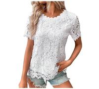 Duohropke Camicia estiva da donna, in pizzo, elasticizzata, con scollo rotondo, elegante, a maniche corte, casual, alla moda, a fantasia, tinta unita, bianco, L
