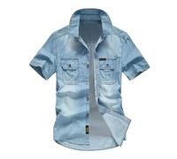 Duohropke Camicia in Jeans da Uomo a Maniche Corte, Camicia in Denim a Maniche Corte con Bottoni a Pressione, Camicie Jeans per Uomini, Blu Chiaro, Grigio Scuro, Vestibilità Regular, Look Usurato