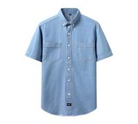 Duohropke Camicia in jeans da uomo, a maniche corte, per il tempo libero, da uomo, con bottoni, a maniche corte, con tasche, slim fit, da uomo, da cowboy, in denim, colore blu, Azzurro, L
