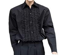 Duohropke Camicia medievale da uomo a maniche lunghe, con colletto rovesciato, per il tempo libero, per il tempo libero, per il rinascimento, per i pirati, per Halloween, per feste, Nero , L