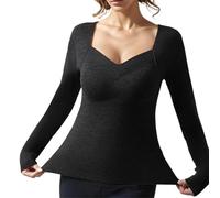 Duohropke Canottiera termica da donna con inserto per reggiseno non necessita di stiratura, biancheria intima calda, scollo quadrato, maglietta a maniche lunghe, tinta unita, a maniche lunghe, per la
