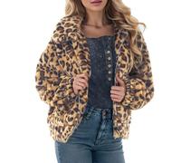 Duohropke Cappotto leopardato da donna Teddy Plush Parka pelliccia sintetica con tasca Fuzzy Warm Coat Autunno Inverno Manica Lunga Inverno Donna Oversize Outwear Casual Faux Fur Jacket Leo Oversize,
