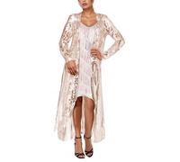Duohropke Cardigan con paillettes da donna, lungo, sexy, per primavera, autunno, oversize, cardigan, maxi open, giacca frontale boho, trasparente, kimono per feste, carnevale, travestimento, beige., L