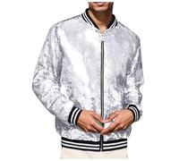 Duohropke Costume da carnevale da uomo con paillettes bomber baggy lucido giacca giacca casual anni '70 abbigliamento discoteca glitter baseball, giacca pilota in stile club, argento, XL