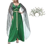 Duohropke Costume da Halloween da donna Medusa, costume da carnevale greco, a maniche lunghe, medievale, con cerchietto a serpente, cospaly, abbigliamento da fata dei fiori