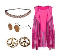 Duohropke Costume da hippie con frange, senza maniche, abbigliamento anni '60 anni '70, abbigliamento da discoteca da donna, colore marrone, gilet con frange, ippie bolero