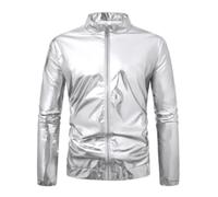 Duohropke Giacca con paillettes da uomo metallizzata lucida, giacca da baseball anni '70, da discoteca, da discoteca, da discoteca, per feste e feste, argento, XL