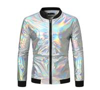 Duohropke Giacca con paillettes da uomo Varsity Giacca Party Disco Shiny Sparkly Glitter Bomber Leggera Lucida Clubwear Metallizzata Nightclub Giacca, argento, M