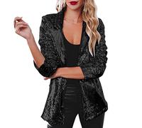 Duohropke Giacca da donna con paillettes lucide, a maniche lunghe, bolero, top corto, elegante blazer glitterato, per feste, clubwear, 01 # nero., XL
