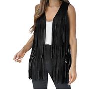 Duohropke Gilet da donna in finta pelle scamosciata frange etniche senza maniche nappe gilet frange gilet in ecopelle cardigan aperto davanti giacca outdoor gilet lungo vintage elegante cappotto