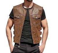 Duohropke Gilet da uomo, in pelle, da motociclista, da uomo, in pelle, per motociclisti, rocker da moto, con lacci, per moto, squadra, punk, in pelle sintetica, marrone, M
