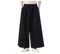 Duohropke Hakama Kung Fu pantaloni in seta di ghiaccio da uomo con orlo ampio Wushu-Kimono pantaloni larghi cinesi, Nero , L